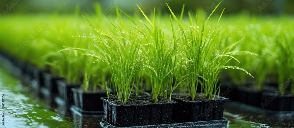 Canvas Prints Fresh green rice seedlings in black plastic trays.