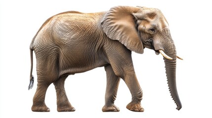 Fototapeta premium A large African elephant with large ears and tusks, walking to the right, isolated on a white background.