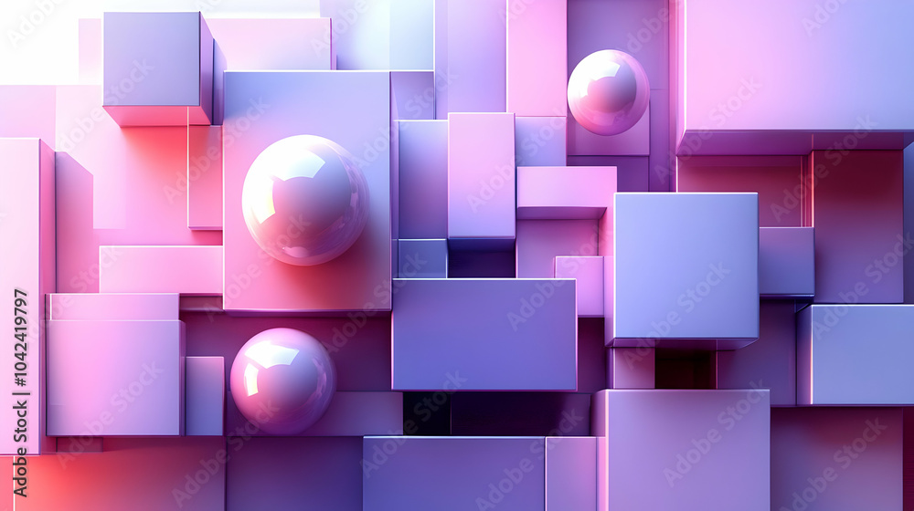 Poster Abstract composition of geometric shapes with spheres in gradient hues.