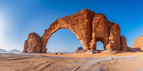 A large natural sandstone arch stands tall in the vast desert landscape, under a clear blue sky.