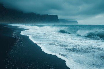 Fototapeta premium Black Sand Beach with Crashing Waves and Cliffside in the Distance