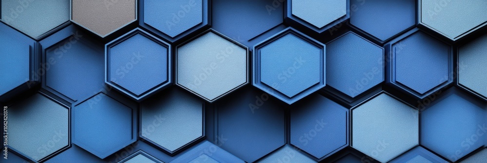 Poster Layered hexagons in multiple shades of blue create a striking geometric abstraction with depth and symmetry, drawing the eye inward. Generative AI