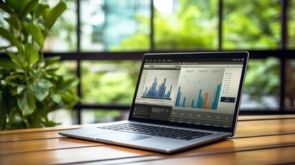A laptop displaying charts and graphs that illustrate analysis, business accounting, and statistical concepts.