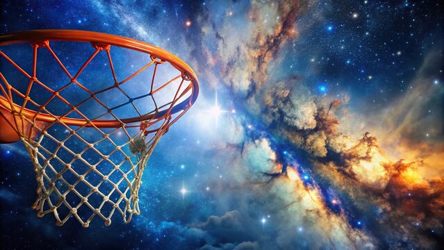 Depth of Field Orange and Blue Basketball and Net in Space Clouds and Stars Final Four Colors March Madness