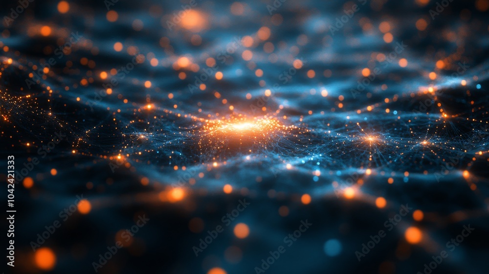 Aufkleber Colorful particles illuminate a dark background, creating a mesmerizing pattern of interconnected nodes, symbolizing technology and information flow in a digital landscape.