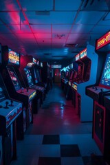 A row of retro arcade games lit by neon lights in a dimly lit room.