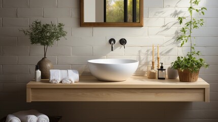 Fototapeta premium A sleek Scandinavian bathroom featuring a wall-mounted vanity and a stylish white ceramic vessel sink for a contemporary look.