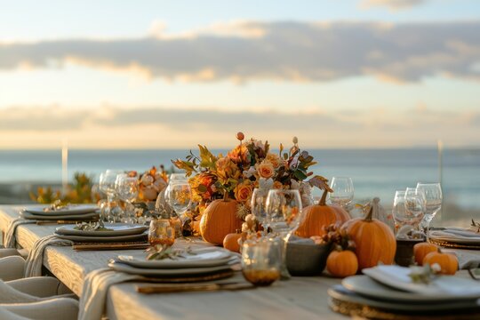 Thanksgiving by the beach, with a table setup, light coastal tones, and fall-themed decor