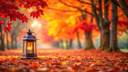 Depth of Field Vertical Fall Background with Red Tree, Orange Leaves, and Sheeny Lantern on Ground