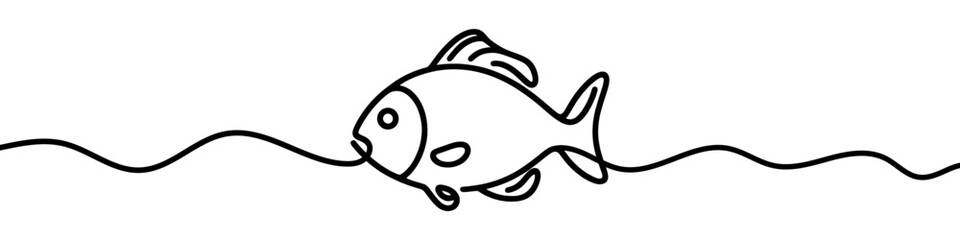 Continuous line drawing fish swimming in the wavy ocean