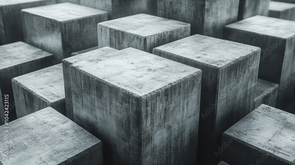 Aufkleber An intricate layout of large concrete blocks fills the space, emphasizing symmetry and patterns within a contemporary architectural environment. The muted tones create a striking visual.