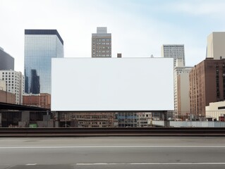 Obraz premium Blank white billboard on metal fence with skyscrapers in the background