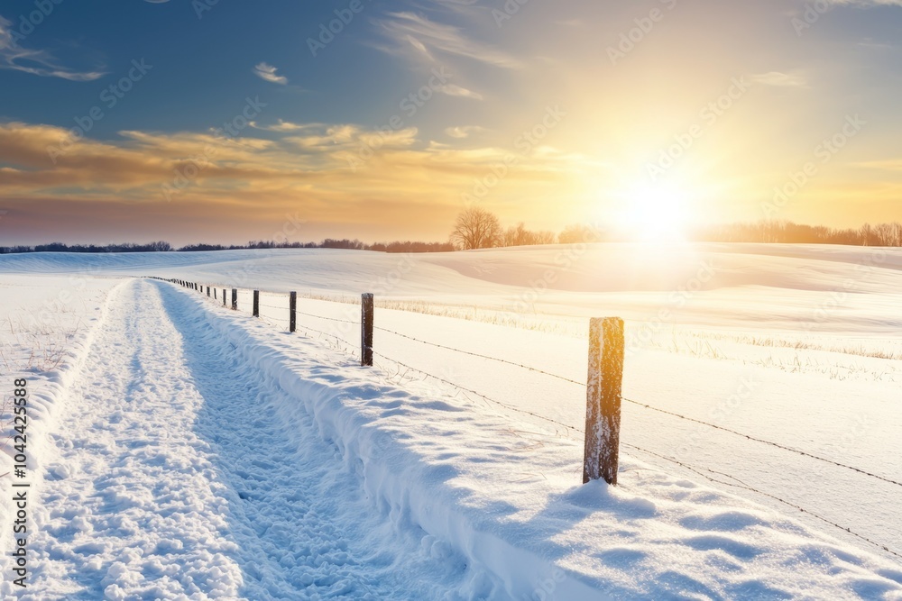 Sticker A snow covered field with a fence and a path