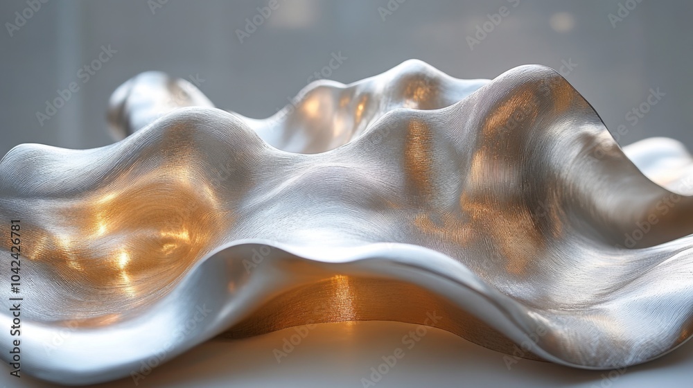 Poster This elegant metallic sculpture features smooth, undulating curves that catch the light beautifully, creating a dynamic visual experience in an art space.