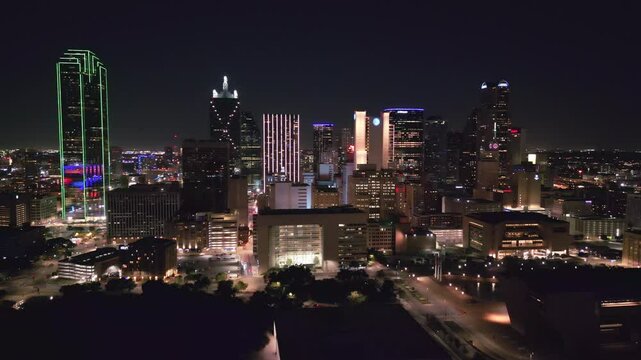 Tracking Aerial of Dallas Skyline at Night
