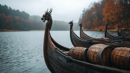 Obraz premium Viking Ships by the Misty River in Autumn