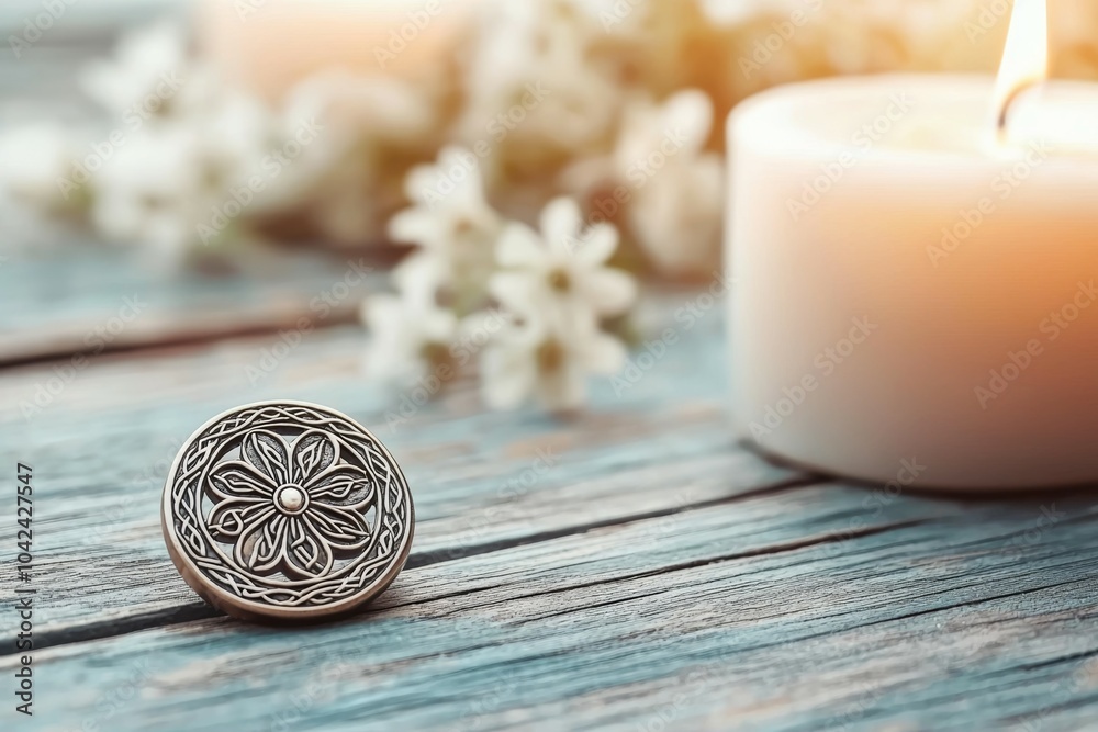 Wall mural A silver flower shaped pendant sits on a wooden table next to a candle