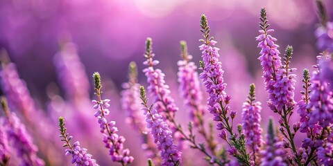 Fototapeta premium description: Beautiful macro shot of purple heather flowers in bloom
