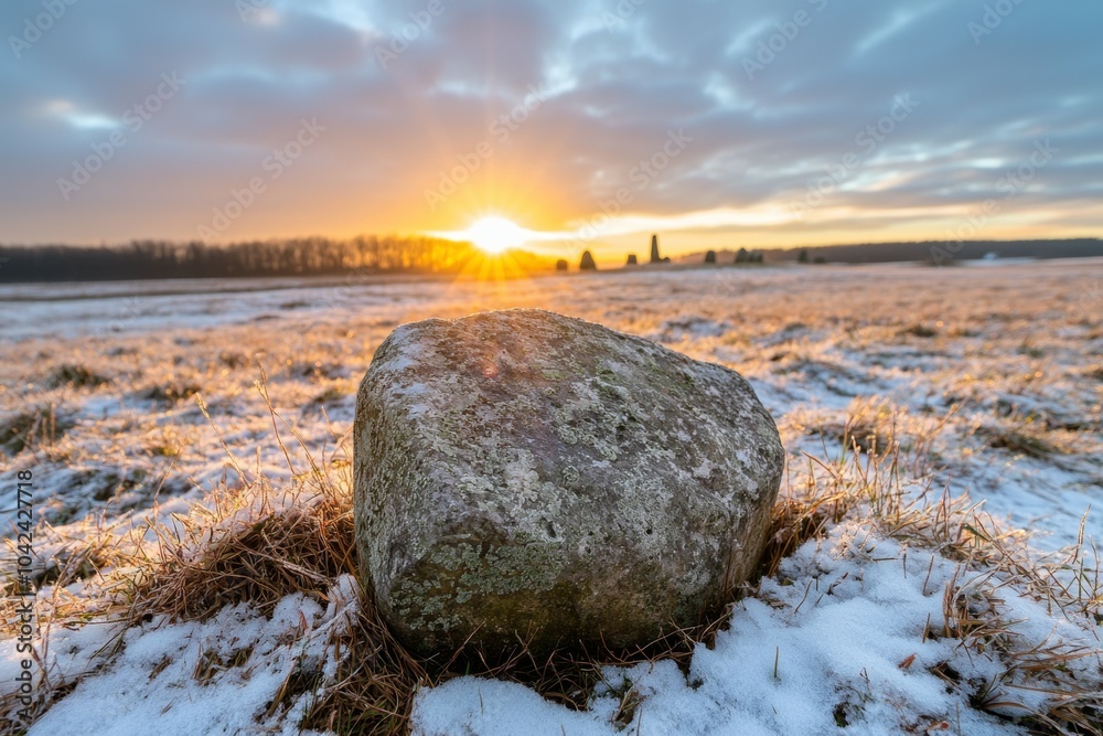 Canvas Prints A large rock sits in the snow on a field