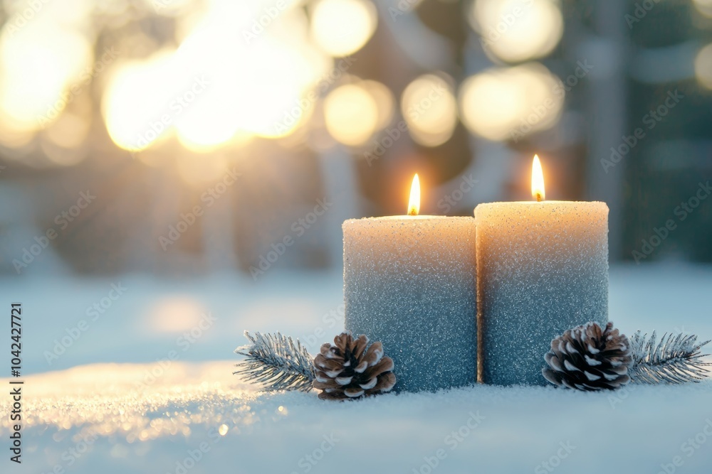 Poster Two candles are lit on a snowy ground with pine cones on top