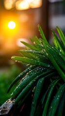 Fototapeta premium Dew drops on green grass blades at sunrise.