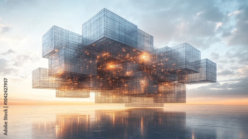 Poster translucent cubes form a striking cloud structure, illuminated by sparkling lights, set against a be