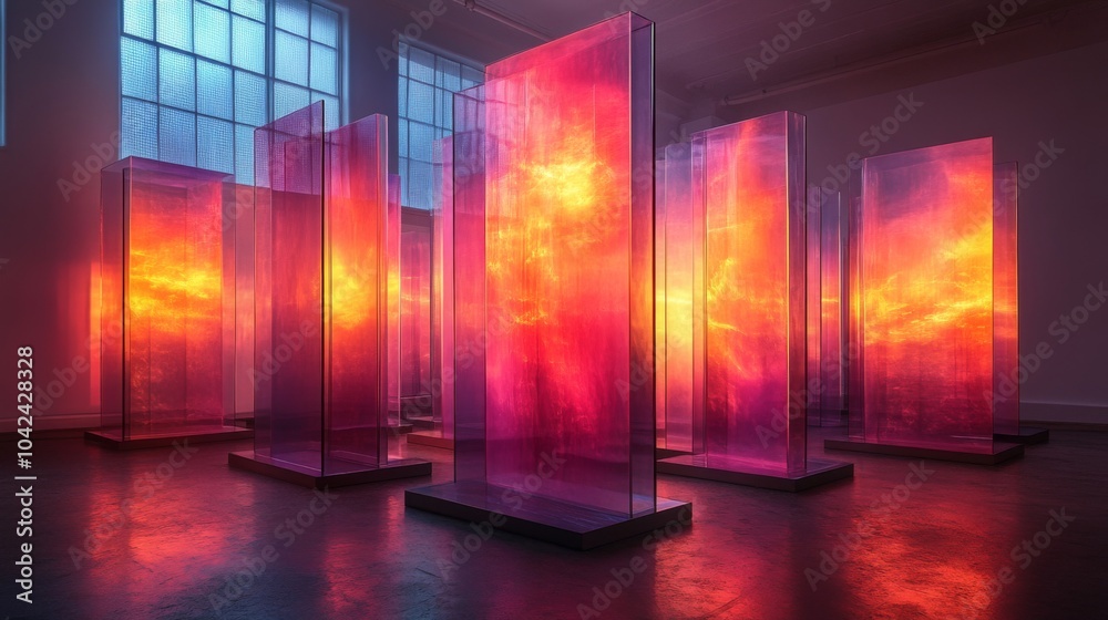 Fototapete A series of translucent panels exhibit a stunning array of colors, illuminating the gallery space. The interplay of light offers a transformative visual experience for visitors.