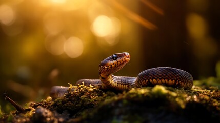 Fototapeta premium A black and yellow snake with a red stripe along its head sits on moss, facing the setting sun, with a bokeh background.