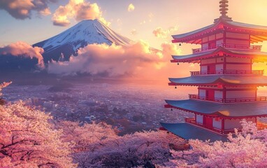 Stunning view of Chureito Pagoda at sunset with Mount Fuji and cherry blossoms, hyper-realistic Japan travel poster style.