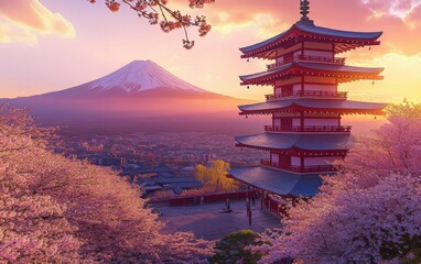 Fototapeta premium Stunning view of Chureito Pagoda at sunset with Mount Fuji and cherry blossoms, hyper-realistic Japan travel poster style.