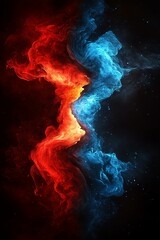 Red and blue fire on black background, Abstract multicolored Background, Vector Illustration, stone textured. Contrast, ying yang concept.