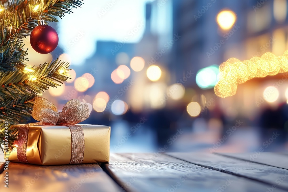 Poster A gold box with a bow sits on a wooden table next to a Christmas tree