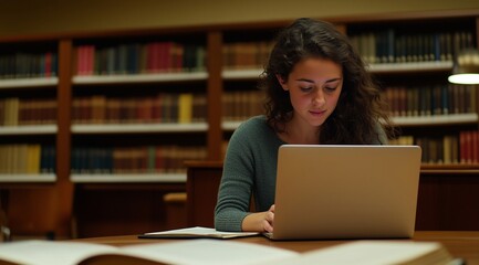 Thoughtful young college student girl typing on laptop in public library, thinking on report, article, essay, research paper, studying on Internet, sitting at table with open books.