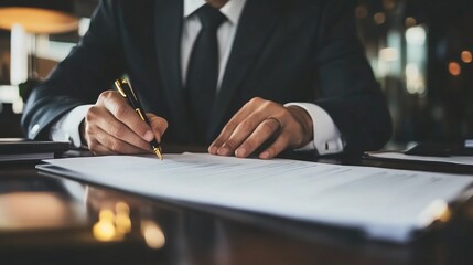 A businessman managing legal agreements, validating contracts, and confirming business document approvals, possibly involving warranty certificates