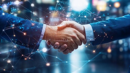 Businessmen shaking hands with a partner, symbolizing a deal, partnership, or business merger in a joint venture, emphasizing finance, investment, teamwork, and business success