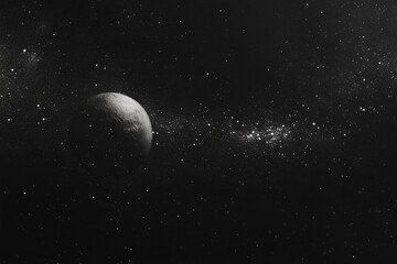 Dark space scene with grunge texture, stars, planet, and vintage film grain effect.