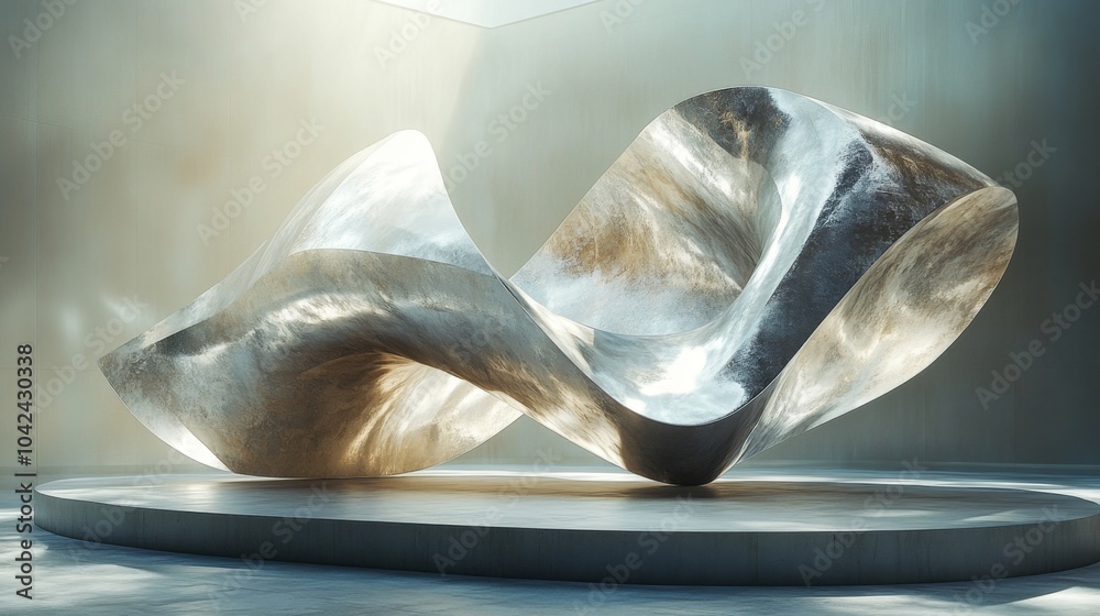 Poster An innovative abstract sculpture captures attention with its smooth curves and reflective surfaces, illuminated by soft natural light in an elegant gallery setting.