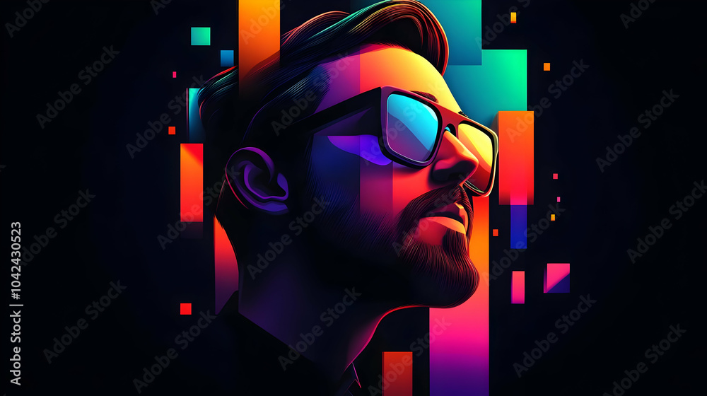 Sticker Vibrant digital portrait of a man with colorful geometric elements.