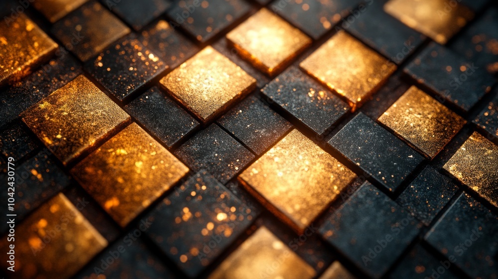 Aufkleber a close-up view showcases an arrangement of textured black tiles interspersed with shimmering gold a