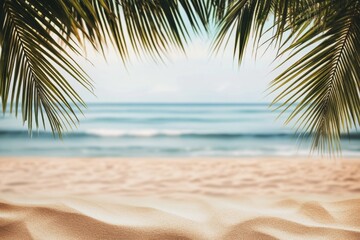 Tropical beach scene with palm leaves, sandy shore, and blurred ocean in the background.