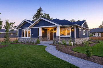 Fototapeta premium New Craftsman-style home with dark gray exterior, white trim, and beautiful landscaping, featuring a stone path, warm lighting, and a clear dusk sky.