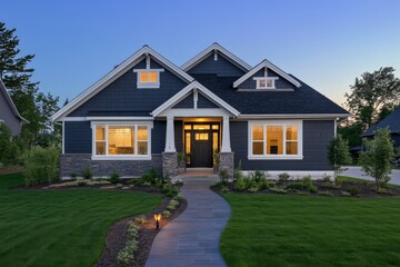 New Craftsman-style home with dark gray exterior, white trim, and beautiful landscaping, featuring a stone path, warm lighting, and a clear dusk sky.