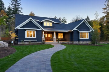 New Craftsman-style home with dark gray exterior, white trim, and beautiful landscaping, featuring a stone path, warm lighting, and a clear dusk sky.