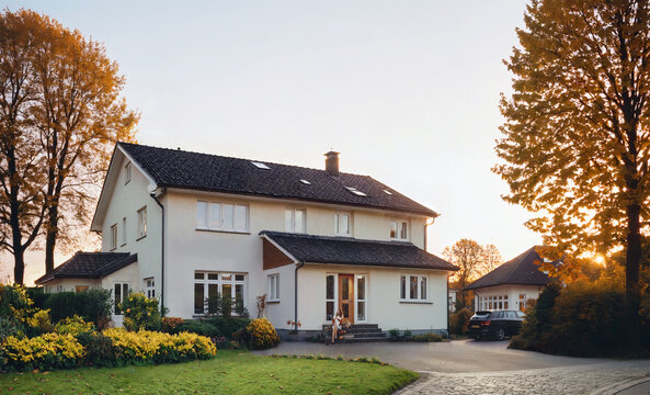 countryside house, family house with garden and private parking space, european german architecture for living, simple 2000s renovated landside house