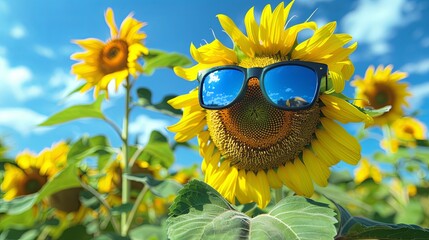 A happy sunflower wearing sunglasses in a field of sunflowers under a bright blue sky with white clouds.