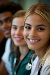 Group of young, diverse doctors or healthcare professionals working together in a hospital or medical setting