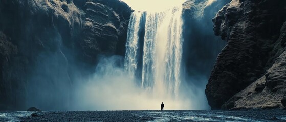 Cinematic shot of a massive waterfall in Iceland with water spray creating a film grain effect, featuring a person standing at the base in a canyon.