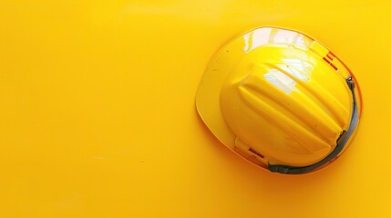 Safety construction helmet on yellow background - a symbol of protection and caution. This image features a safety construction helmet placed on a bright yellow background