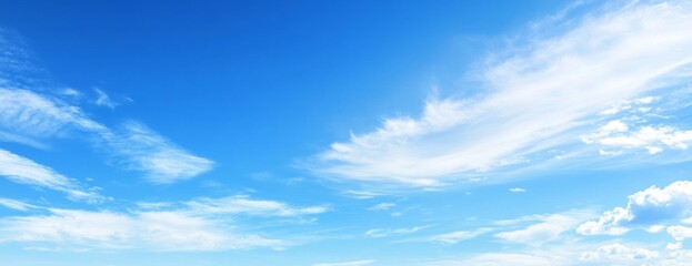 Panoramic view of a blue sky with white clouds, featuring high resolution, sharp details, and hyper-realistic contrast.