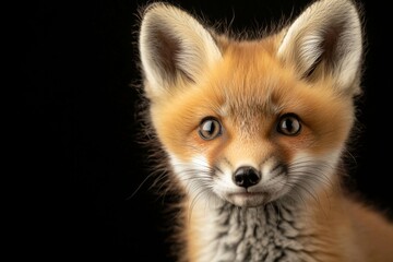 Mystic portrait of baby Red Fox in studio, copy space on right side, Headshot, Close-up View, isolated on black background